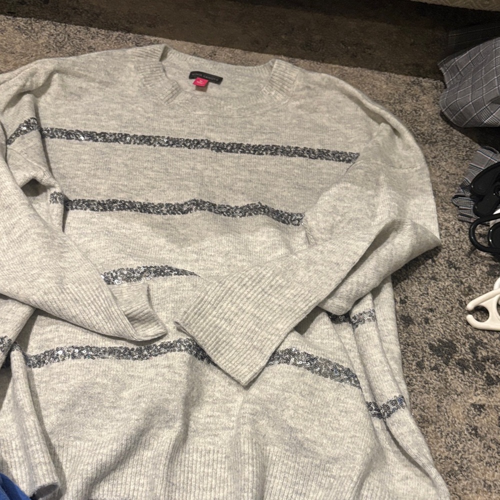 Vince Camuto Heather Gray Striped Crewneck Sweater